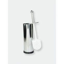 Home Basics Hide-Away And Splash Proof Polished Stainless Steel Toilet Brush With Non-Skid Hygienic Holder, Silver Bath Accessories