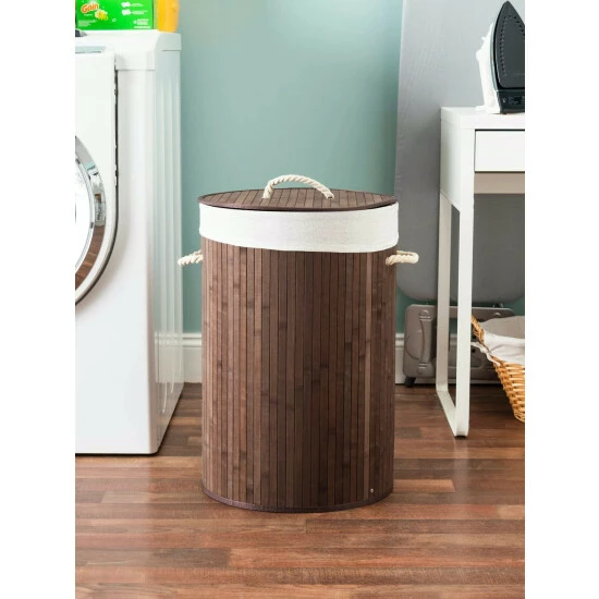 Home Basics Round Foldable Bamboo Hamper, Brown Laundry - Image 2