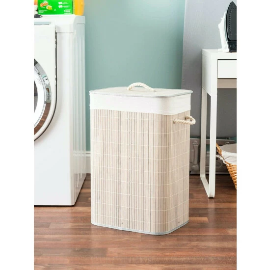 Home Basics Rectangular Bamboo Hamper, Grey Laundry - Image 2