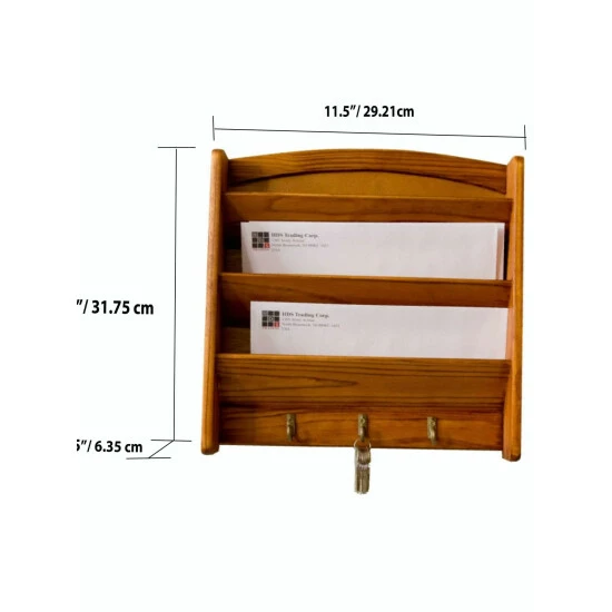 Home Basics 3 Tier Pine Letter Rack With Key Hooks Storage & Organization - Image 3