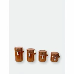 Home Basics 4 Piece Ceramic Canisters With Easy Open Air-Tight Clamp Top Lid And Wooden Spoons, Brown Storage & Organization