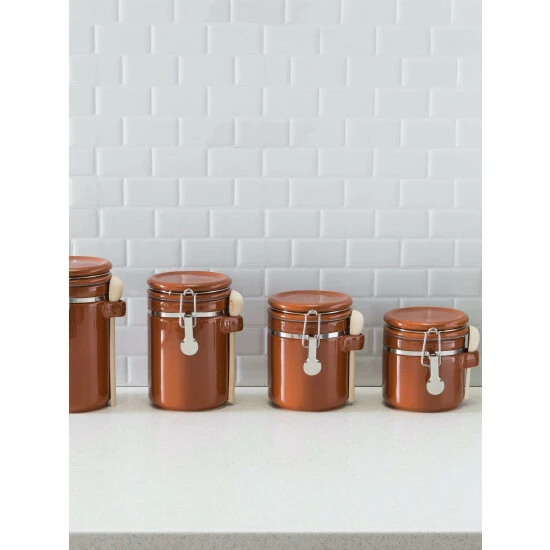 Home Basics 4 Piece Ceramic Canisters With Easy Open Air-Tight Clamp Top Lid And Wooden Spoons, Brown Storage & Organization - Image 2
