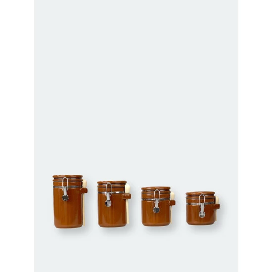 Home Basics 4 Piece Ceramic Canisters With Easy Open Air-Tight Clamp Top Lid And Wooden Spoons, Brown Storage & Organization - Image 4