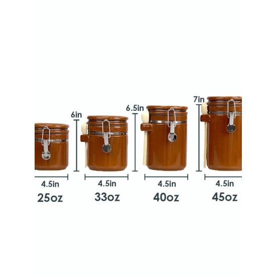Home Basics 4 Piece Ceramic Canisters With Easy Open Air-Tight Clamp Top Lid And Wooden Spoons, Brown Storage & Organization - Image 5