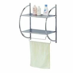 Home Basics 2 Tier Wall Mounting Chrome Plated Steel Bathroom Shelf With Towel Bar Bath Accessories
