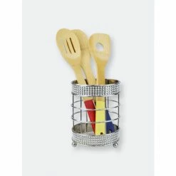 Home Basics Pave Steel Cutlery Holder With Mesh Bottom And Non-Skid Feet, Chrome Tools & Accessories