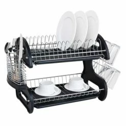Home Basics 2 Tier Plastic Dish Drainer, Black Tools & Accessories