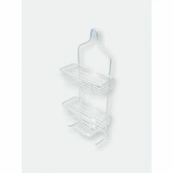 Home Basics 2 Tier Aluminum Shower Caddy With Lower Hooks And Soap Tray Bath Accessories White