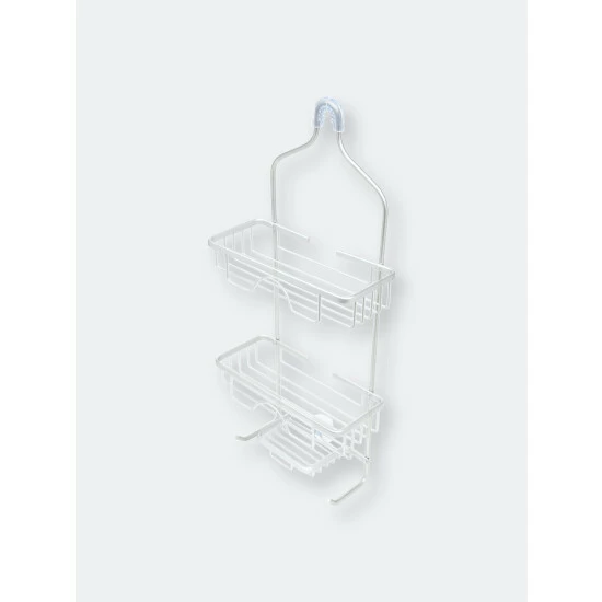 Home Basics 2 Tier Aluminum Shower Caddy With Lower Hooks And Soap Tray Bath Accessories White