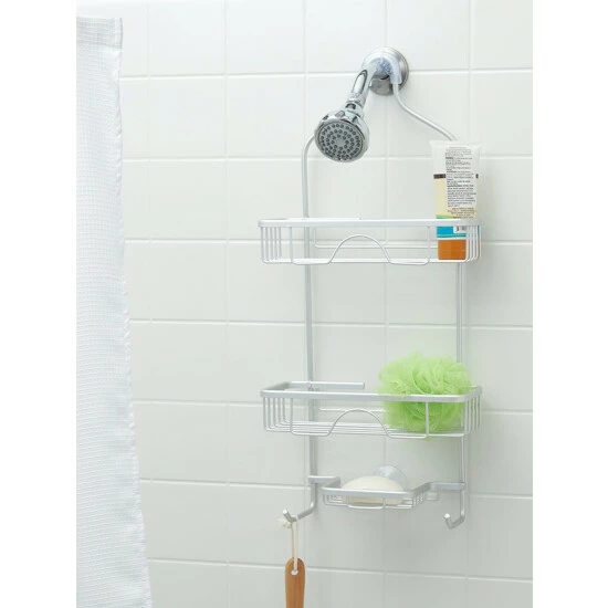 Home Basics 2 Tier Aluminum Shower Caddy With Lower Hooks And Soap Tray Bath Accessories White - Image 2