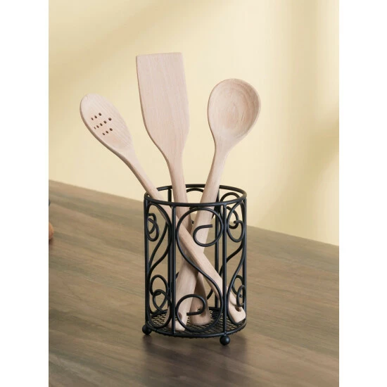 Home Basics Scroll Collection Steel Cutlery Holder With Mesh Bottom And Non-Skid Feet, Black Tools & Accessories Default Title - Image 2