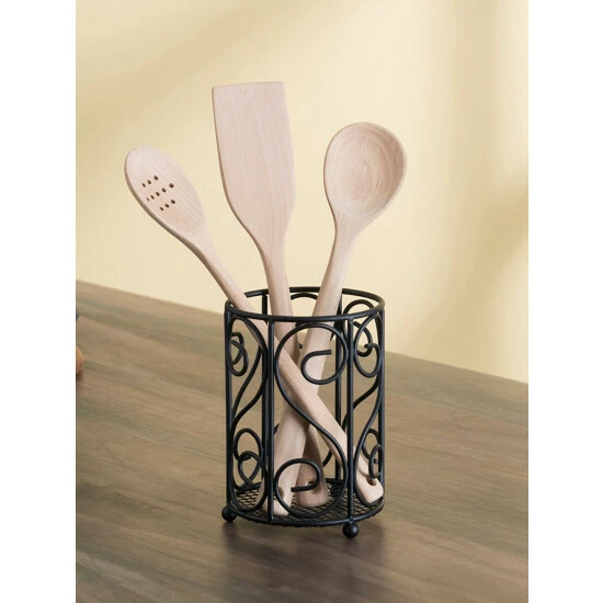 Home Basics Scroll Collection Steel Cutlery Holder With Mesh Bottom And Non-Skid Feet, Black Tools & Accessories Default Title - Image 3