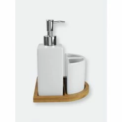 Home Basics Serene Scandinavian 4 Piece Ceramic Bath Accessory Set With Bamboo Tray, White Bath Accessories