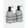 Home Basics 2 Piece Embossed Glazed Ceramic Soap Dispenser With Dual Compartment Metal Rack, White Bath Accessories
