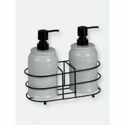 Home Basics 2 Piece Embossed Glazed Ceramic Soap Dispenser With Dual Compartment Metal Rack, White Bath Accessories