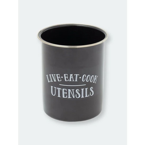 Home Basics Live Eat And Cook Ceramic Cutlery Holder With Steel Rim, Black Tools & Accessories