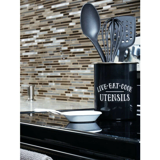 Home Basics Live Eat And Cook Ceramic Cutlery Holder With Steel Rim, Black Tools & Accessories - Image 2