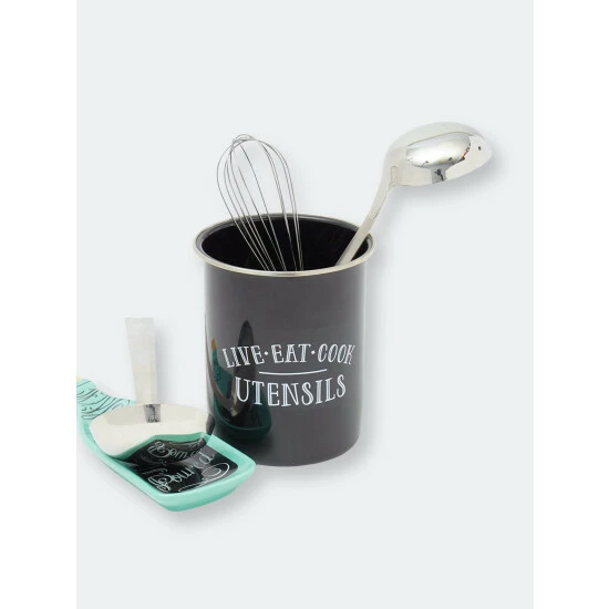 Home Basics Live Eat And Cook Ceramic Cutlery Holder With Steel Rim, Black Tools & Accessories - Image 5