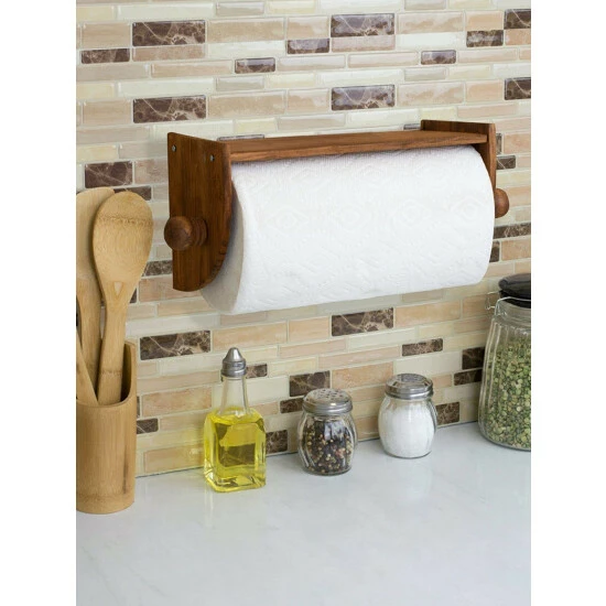 Home Basics Quick Install Rustic Pine Wood Wall Mounted Paper Towel Holder With Flat Top, Brown Tools & Accessories - Image 3