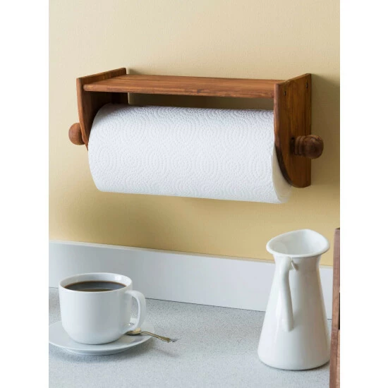 Home Basics Quick Install Rustic Pine Wood Wall Mounted Paper Towel Holder With Flat Top, Brown Tools & Accessories - Image 4