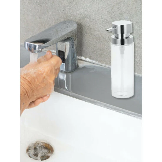 Home Basics 12 Oz. Cylinder Plastic Hand Soap Dispenser With Brushed Stainless Steel Pump, Clear Bath Accessories Default Title - Image 3