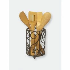 Home Basics Scroll Collection Steel Cutlery Holder With Mesh Bottom And Non-Skid Feet, Bronze Knives & Cutting Boards
