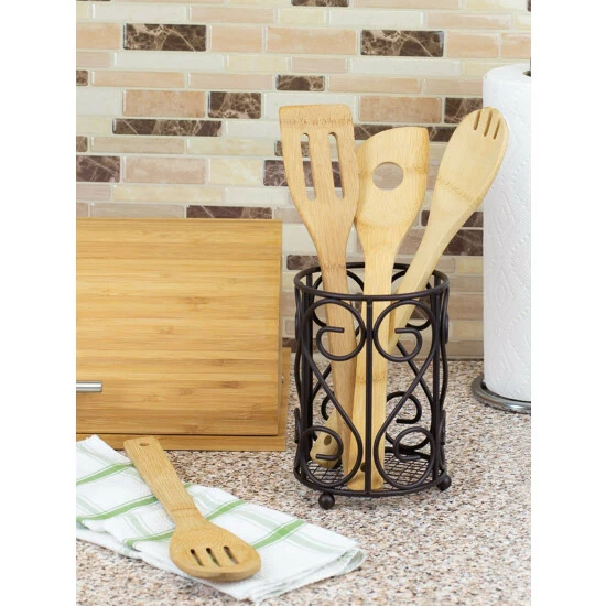 Home Basics Scroll Collection Steel Cutlery Holder With Mesh Bottom And Non-Skid Feet, Bronze Knives & Cutting Boards - Image 3