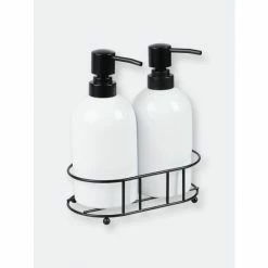 Home Basics 2 Piece Ceramic Soap Dispenser Set With Metal Caddy, White Bath Accessories