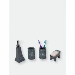 Home Basics Le Bain Paris Eiffel Tower 4 Piece Ceramic Bath Accessory Set, Grey Bath Accessories