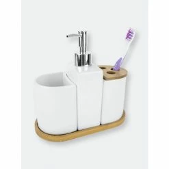 Home Basics 4 Piece Ceramic Bath Accessory Set With Bamboo Accents Bath Accessories