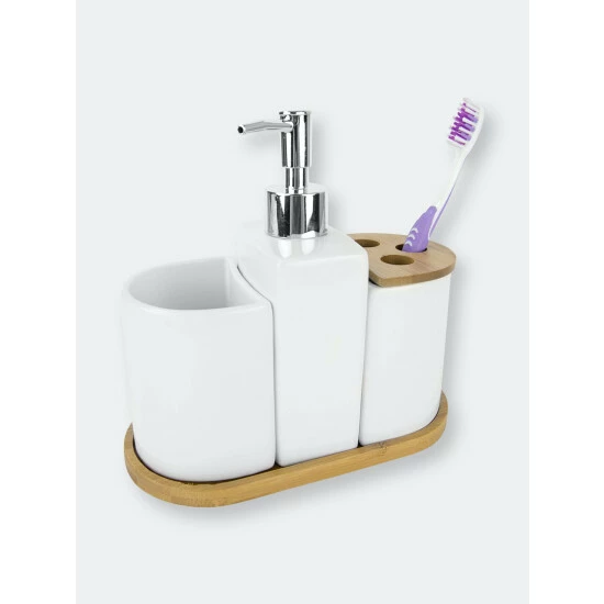 Home Basics 4 Piece Ceramic Bath Accessory Set With Bamboo Accents Bath Accessories