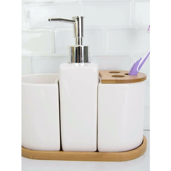 Home Basics 4 Piece Ceramic Bath Accessory Set With Bamboo Accents Bath Accessories - Image 3