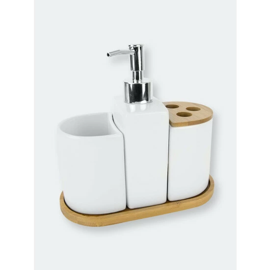 Home Basics 4 Piece Ceramic Bath Accessory Set With Bamboo Accents Bath Accessories - Image 4