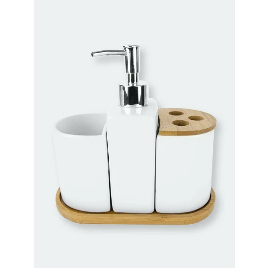 Home Basics 4 Piece Ceramic Bath Accessory Set With Bamboo Accents Bath Accessories - Image 5