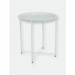 Home Basics Foldable Round Multi-Purpose Side Accent Metal Table, Matte White Storage & Organization