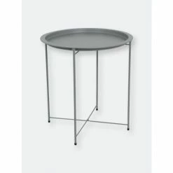 Home Basics Foldable Round Multi-Purpose Side Accent Metal Table, Matte Grey Storage & Organization