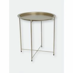 Home Basics Foldable Round Multi-Purpose Side Accent Metal Table, Brushed Gold Storage & Organization
