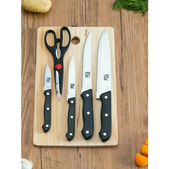 Home Basics Essentials Series 5 Piece Stainless Steel Knife Set With All Natural Wood Cutting Board Knives & Cutting Boards - Image 2